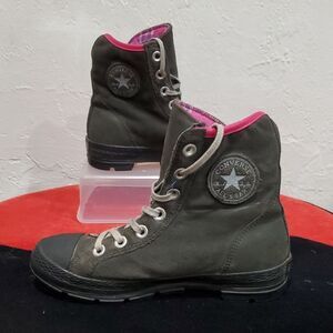 Y2K Converse Women's High-Top Suede Sneakers - Grey and Pink Size 7.5